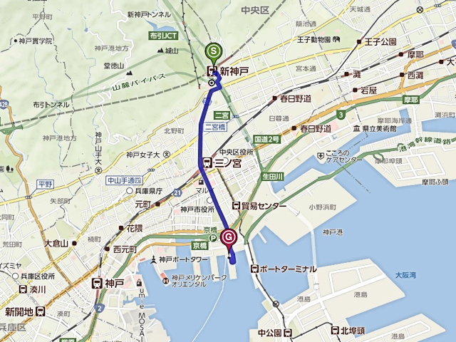 新神戸駅から港までの地図